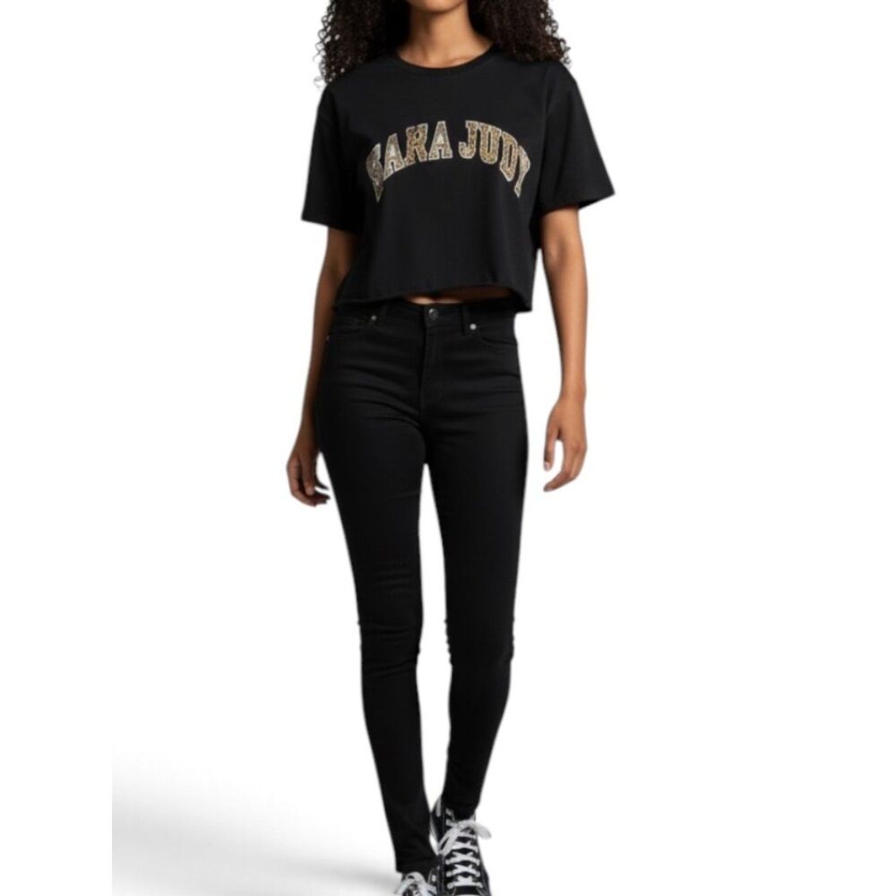Nana Judy Stamford Leopard Print Logo Crop Boyfriend Tee T-Shirt Large L NWT
